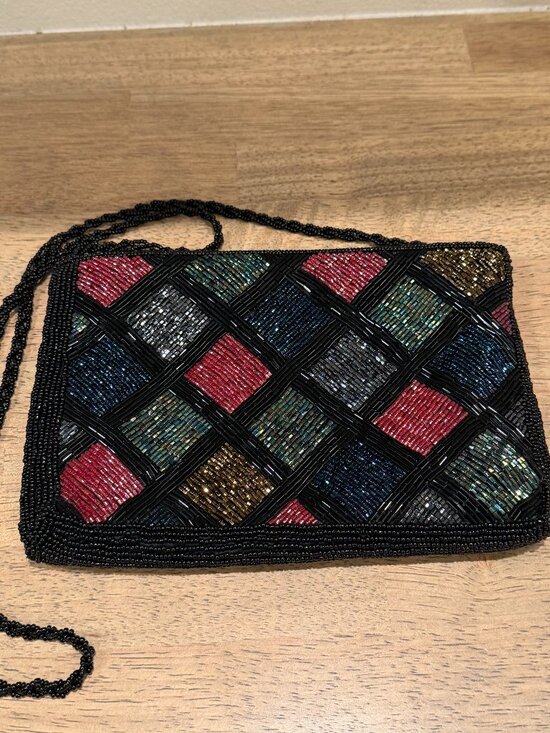 Legale Handbags - Regale Ltd Vintage Beaded Crossbody Purse Black Geometric Diamond Evening Bag